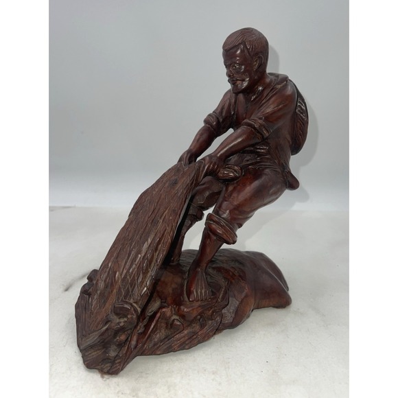 VTG Carved Wood Chinese Fisherman with Fish Net Wood Carving Man Fishing